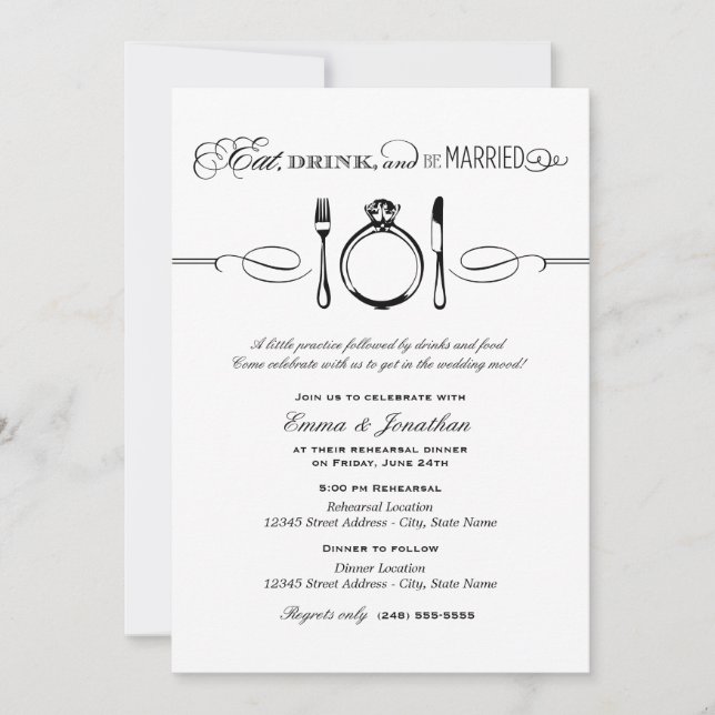Eat Drink and Be Married Black Rehearsal Dinner Invitation (Front)