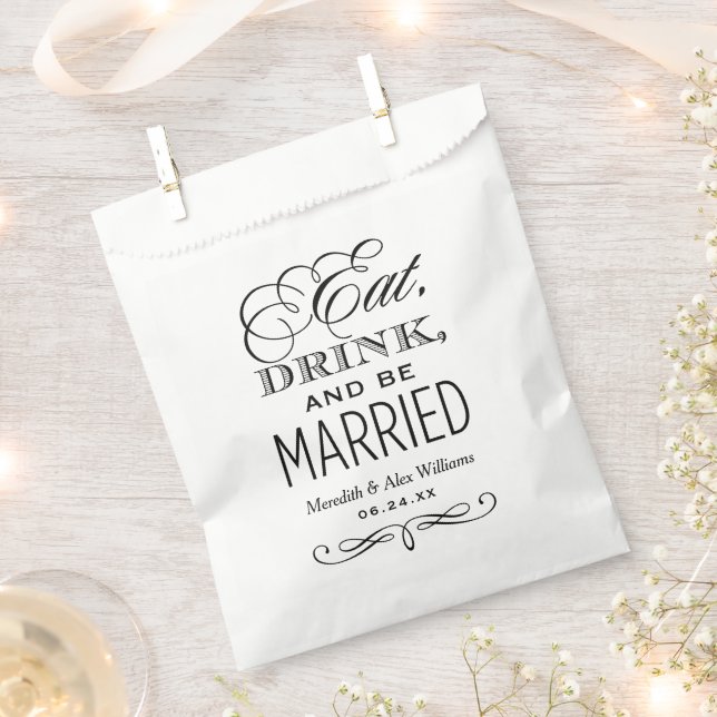 Eat Drink and Be Married Black Wedding Monogram Favor Bag (Clipped)