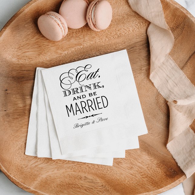 Eat Drink and Be Married Black Wedding Monogram Napkins (Creator Uploaded)