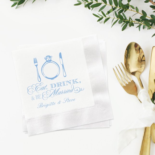 Eat Drink and Be Married Blue Wedding Monogram Napkins (Creator Uploaded)