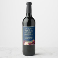 Eat Drink and Be Married Burgundy Floral Navy Blue Wine Label