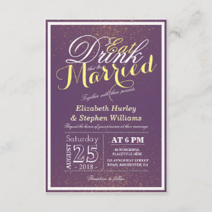 EAT Drink and Be Married Chic Purple Gold Glitter Invitation