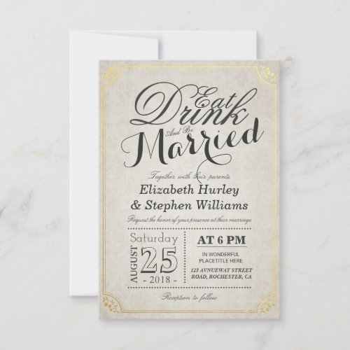 EAT Drink and Be Married Damask Paper Gold Border Invitation