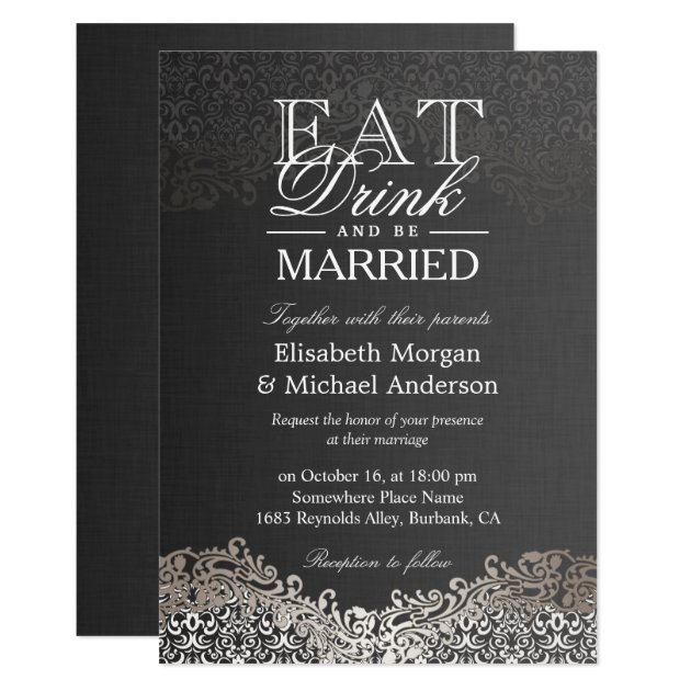 EAT Drink And Be Married Elegant Silver Damask Invitation
