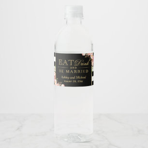 Eat Drink and Be Married Floral Stripes Wedding Water Bottle Label