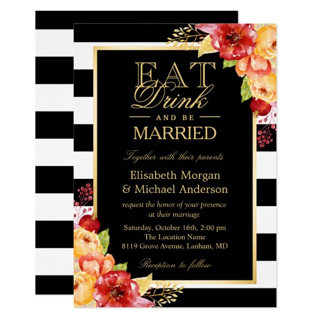 EAT Drink And Be Married Gold Autumn Fall Wedding Invitation