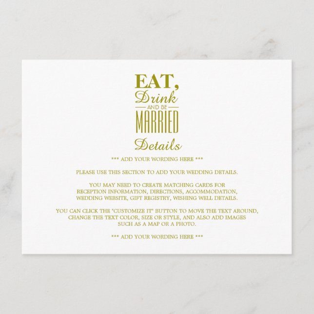 Eat, Drink and be Married Gold Wedding Detail Enclosure Card (Front)