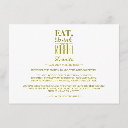 Eat Drink and be Married Gold Wedding Detail Enclosure Card