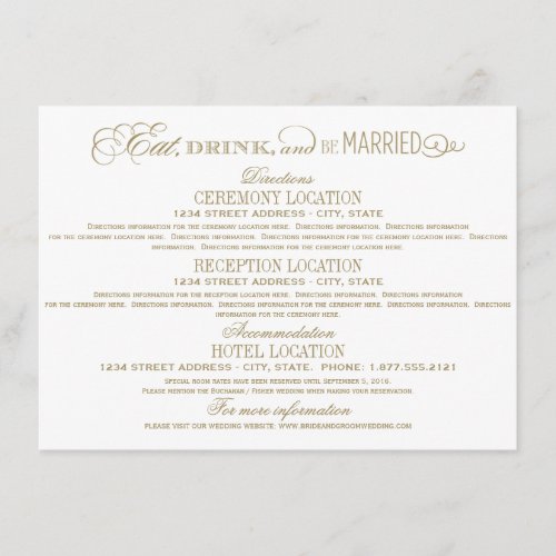 Eat Drink and Be Married Gold Wedding Details Enclosure Card