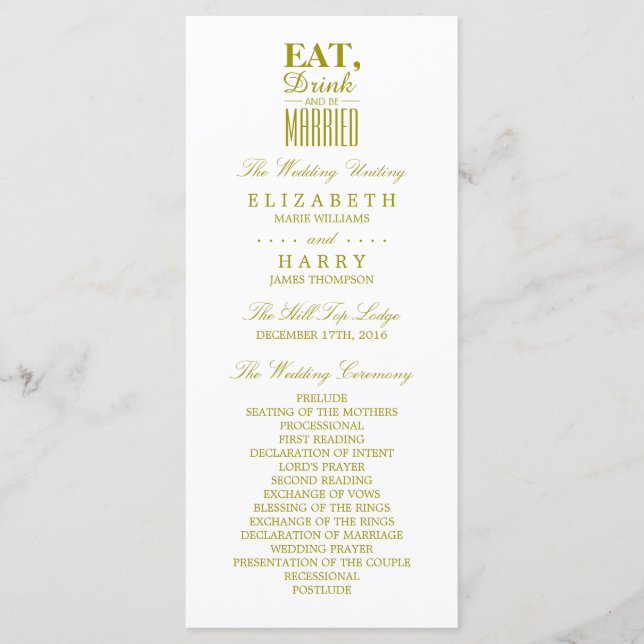 Eat, Drink and be Married Gold Wedding Program (Front)