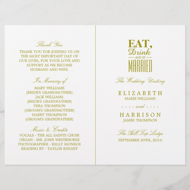 Eat, Drink and be Married Gold Wedding Program (Front)