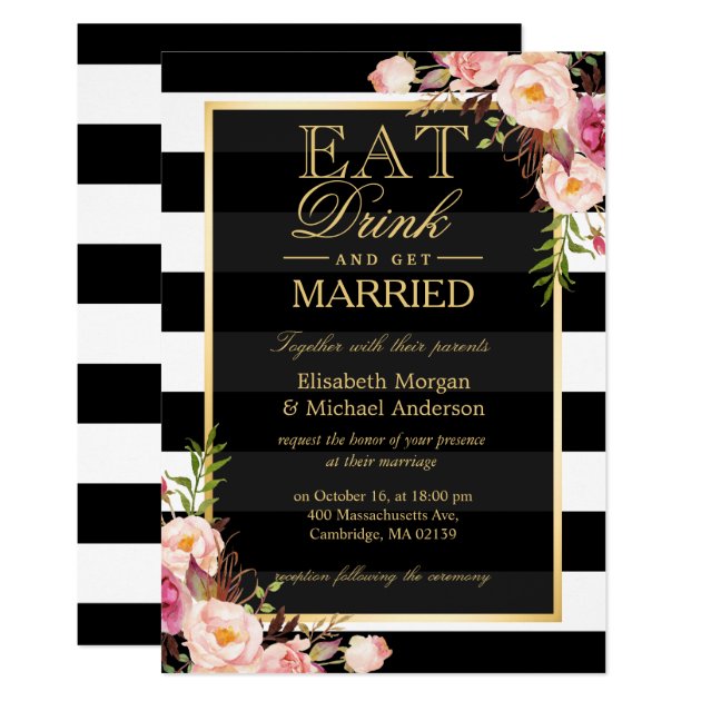 EAT Drink And Be Married Golden Floral Wedding Invitation