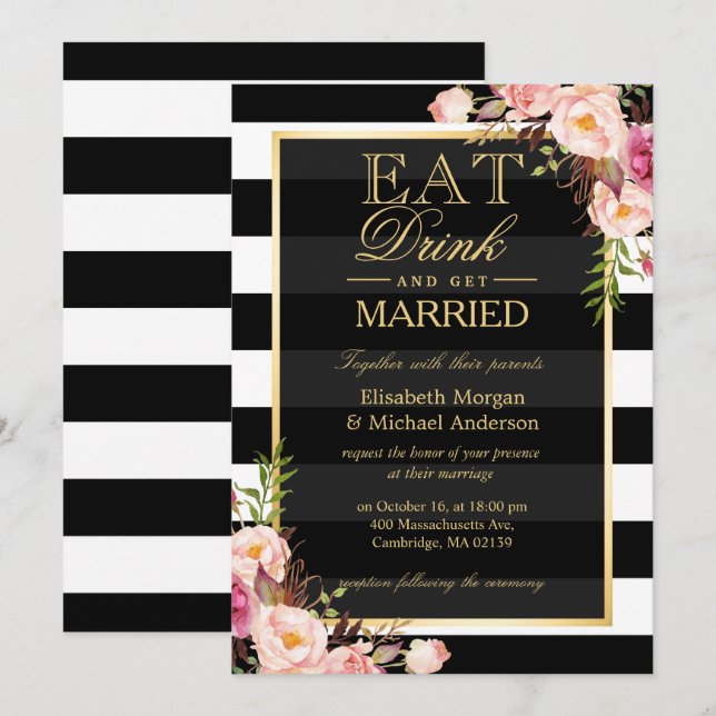 EAT Drink and Be Married Golden Floral Wedding Invitation (Front/Back)
