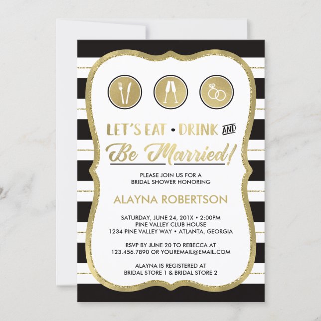 Eat Drink and Be Married Invitation, Faux Gold Invitation (Front)