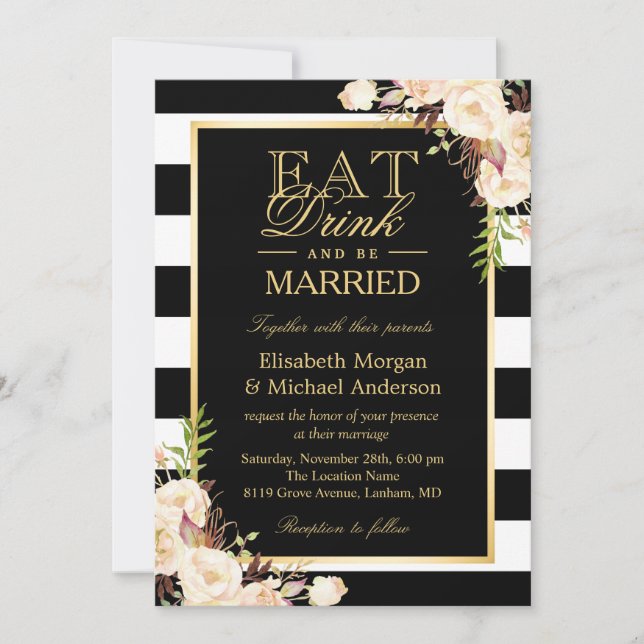 EAT Drink and Be Married | Ivory Floral Wedding Invitation (Front)