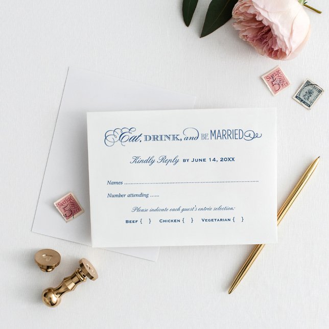 Eat Drink and Be Married Navy Blue Wedding RSVP Card (Creator Uploaded)