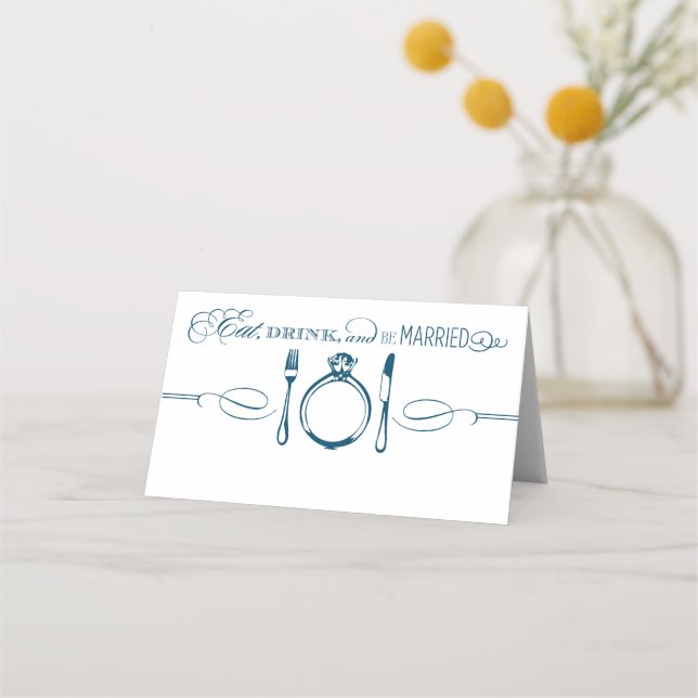 Eat Drink and Be Married Navy Elegant Wedding Place Card (Front)