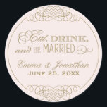 Eat Drink and Be Married Pink and Gold Wedding Classic Round Sticker<br><div class="desc">Round wedding monogram favor sticker with "Eat,  Drink and Be Married" theme in antique gold and light pastel pink (can be customized to a different color).</div>