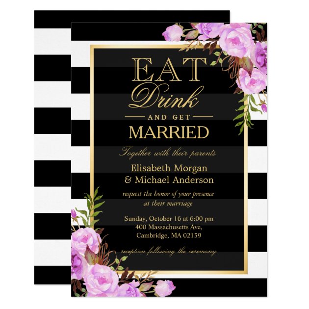 EAT Drink And Be Married Purple Floral Wedding Invitation