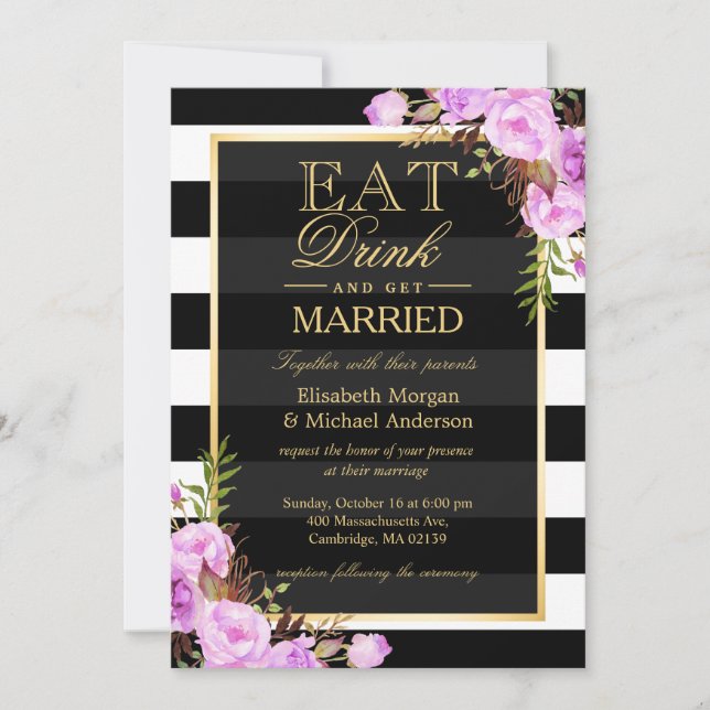 EAT Drink and Be Married Purple Floral Wedding Invitation (Front)