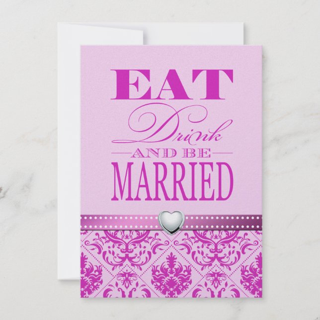 Eat Drink and be Married - Purple / Pink Damask Invitation (Front)