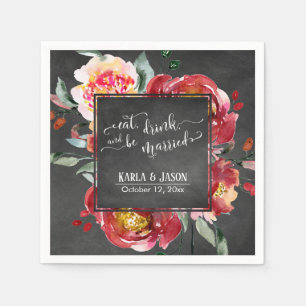 Eat Drink and be Married Red Flowers on Chalkboard Napkins
