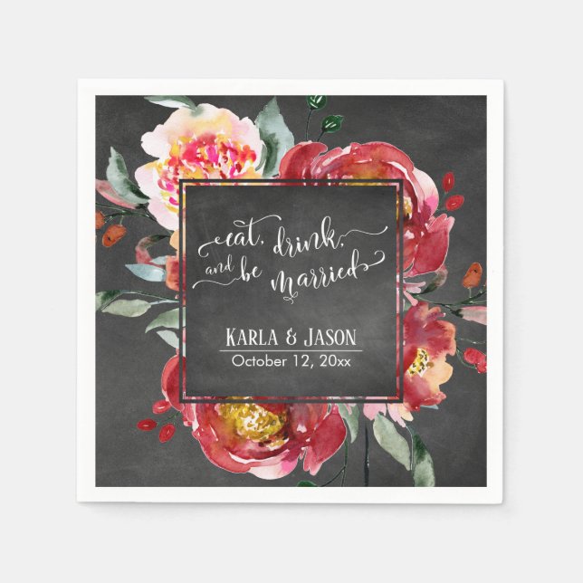 Eat Drink and be Married Red Flowers on Chalkboard Napkins (Front)