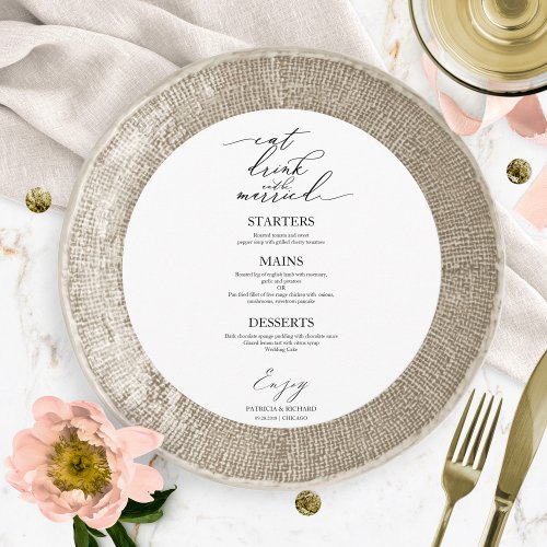 Eat Drink and Be Married Round Menu Card For Plate