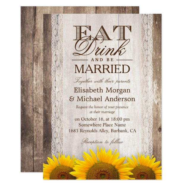 EAT Drink And Be Married Rustic Wood Sunflower Invitation