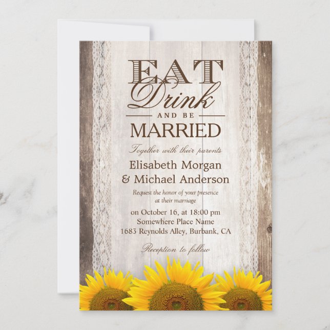 EAT Drink and Be Married Rustic Wood Sunflower Invitation (Front)
