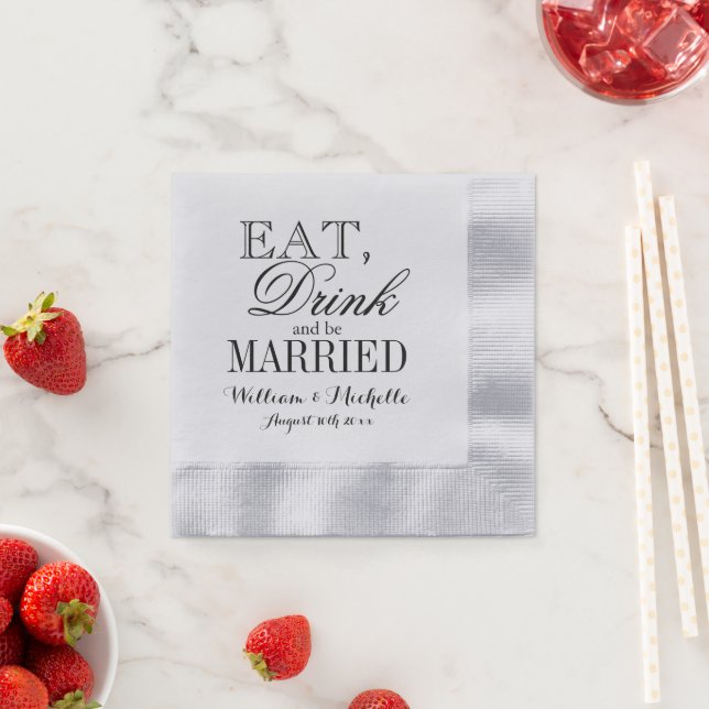 Eat drink and be married silver coined wedding napkins (Insitu)