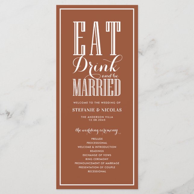 Eat Drink and be Married Terracotta Wedding Program (Front)