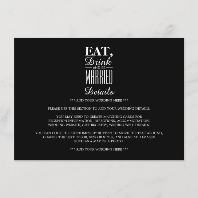 Eat, Drink and be Married Wedding Detail Enclosure Card (Front)