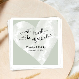 Eat, Drink, and be Married White Heart & Sage Napkins