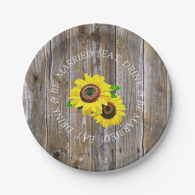 Eat, Drink and Be Married Wood and Sunflower Paper Plates (Front)