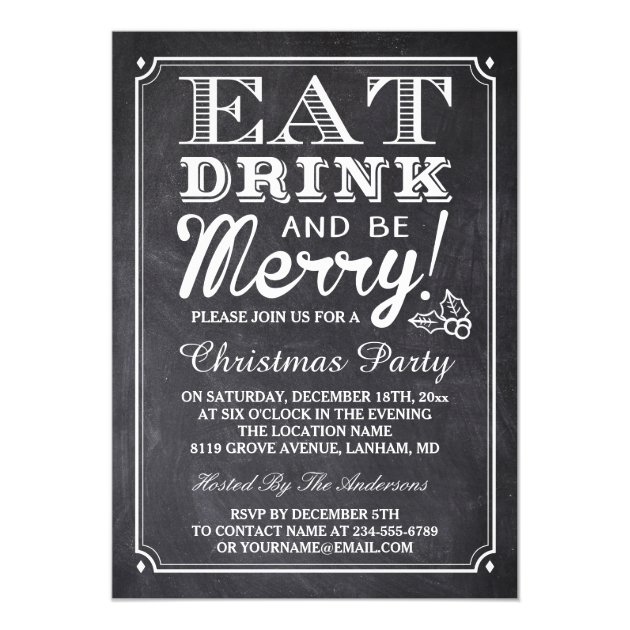 Eat Drink And Be Merry Chalkboard Christmas Party Invitation
