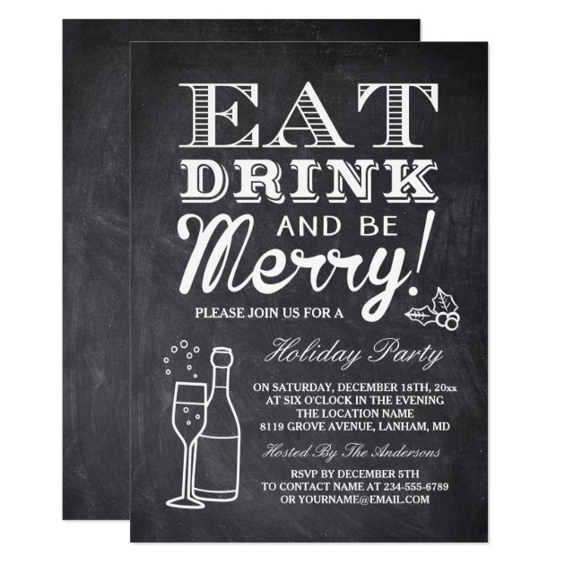 Eat Drink And Be Merry Chalkboard New Year Party Invitation