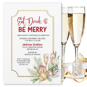 Eat Drink and Be Merry Champagne Christmas Party Invitation