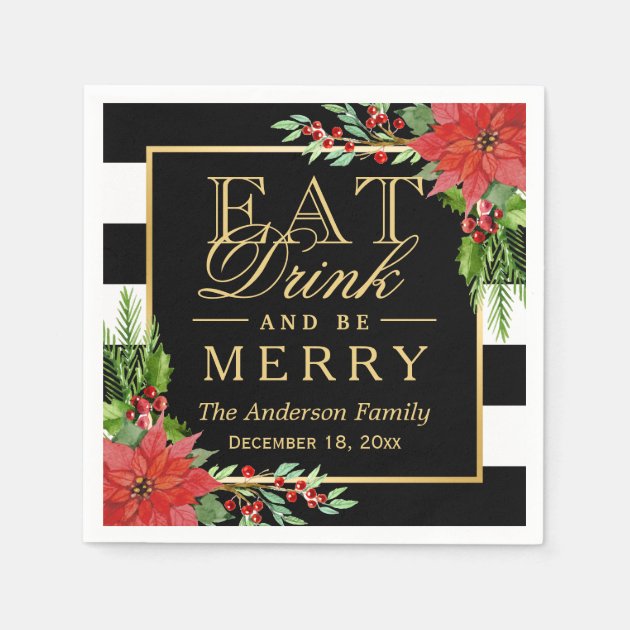 Eat Drink And Be Merry Christmas Botanical Floral Paper Napkin
