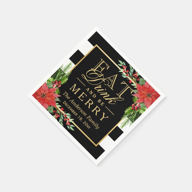 Eat Drink And Be Merry Christmas Botanical Floral Paper Napkin