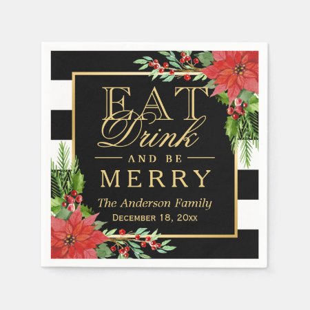 Eat Drink And Be Merry Christmas Botanical Floral Paper Napkins