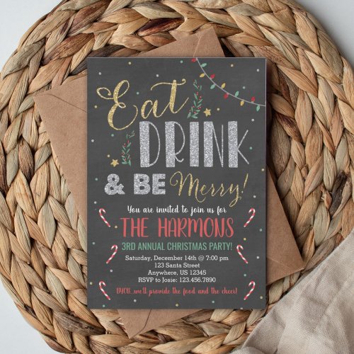 Eat Drink and Be Merry Christmas Chalkboard Invitation