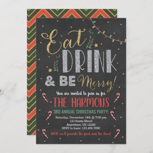 Eat Drink and Be Merry Christmas Chalkboard Invitation