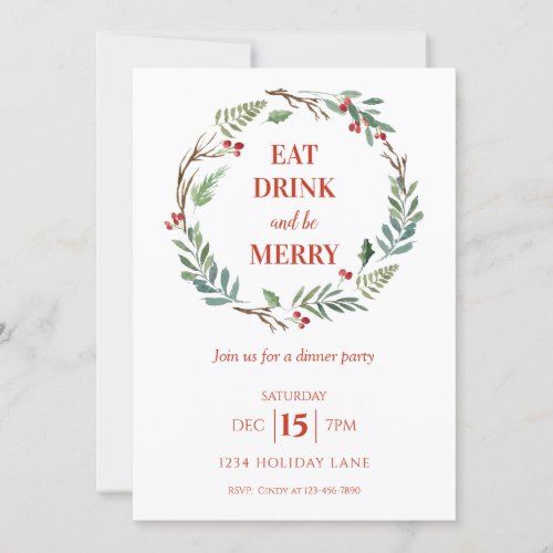 Eat Drink and Be Merry Christmas Dinner Party Invitation