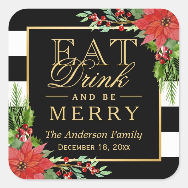 Eat Drink And Be Merry Christmas Gold Lettering Square Sticker