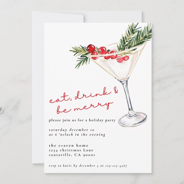 Eat, Drink and Be Merry Christmas Martini Holiday Card (Front)