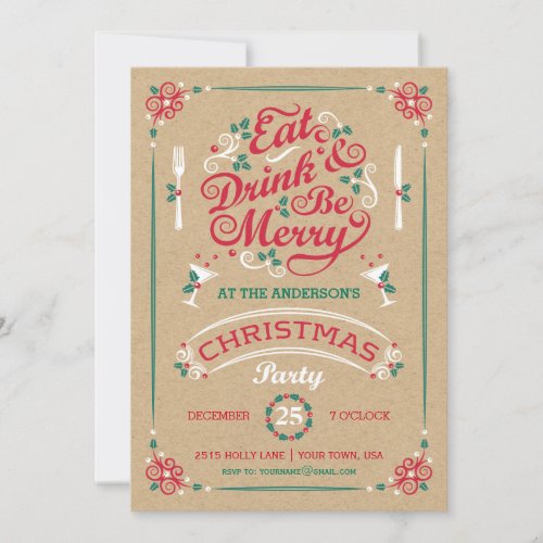 Eat Drink and Be Merry Christmas Party Kraft Invitation