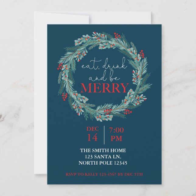 Eat, Drink and Be Merry Christmas Party Potluck  I Invitation (Front)