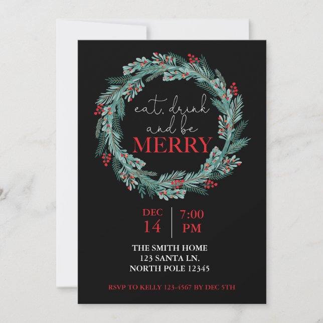 Eat, Drink and Be Merry Christmas Party Potluck  I Invitation (Front)