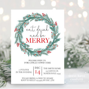 Eat, Drink and Be Merry Christmas Party Potluck  Invitation